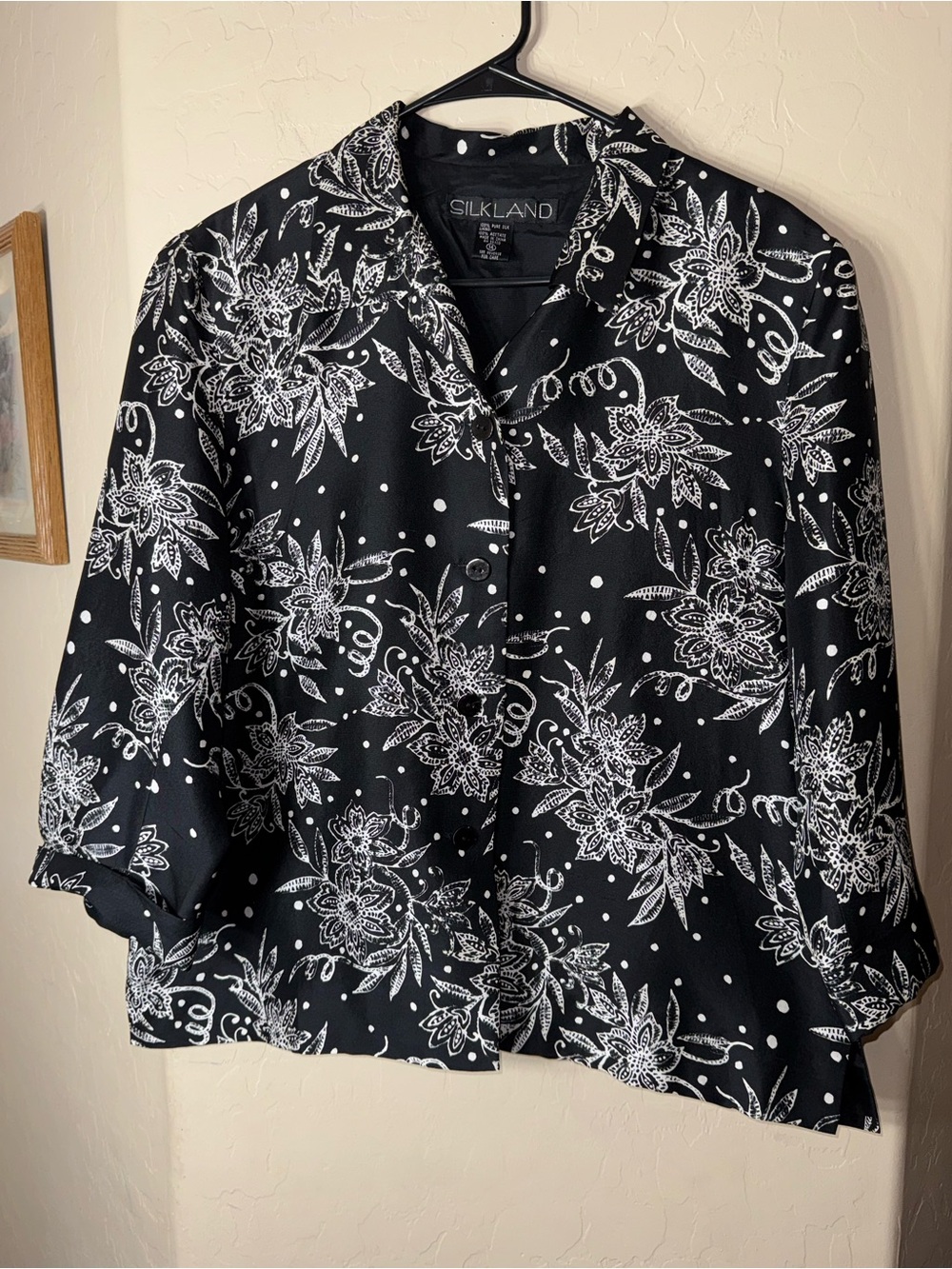 Silkland 100% Silk Black White Floral Polka Dot Button Front Blouse Size 14